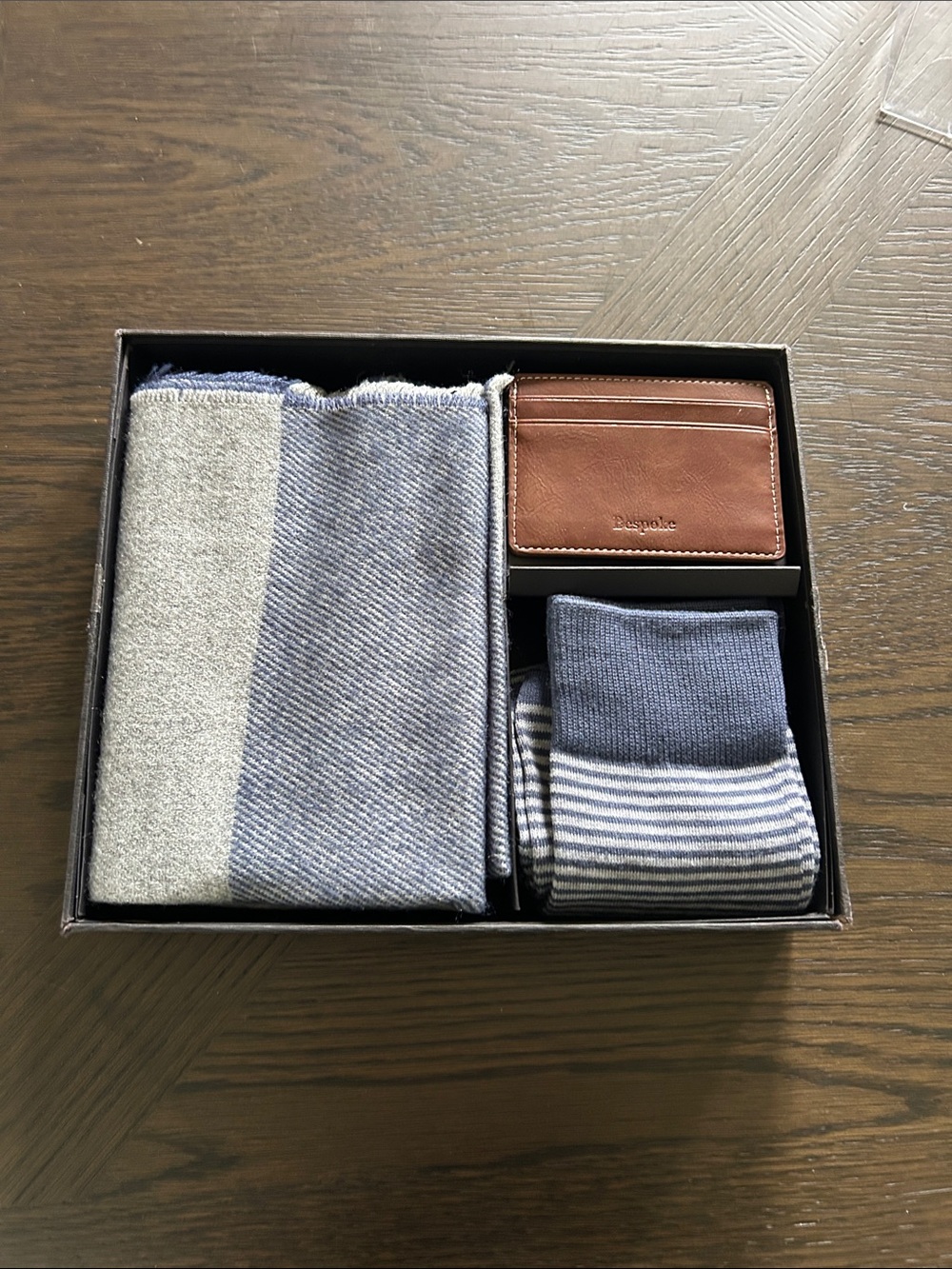 Bespoke Brown Leather Cardholder with Blue & Cream Scarf and Blue Striped Socks